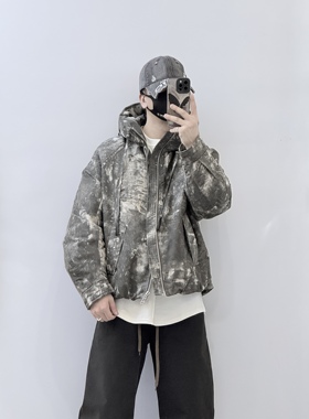 25秋冬新款设计感连帽灰色油画羽绒服男潮流宽松休闲百搭保暖外套