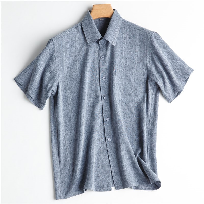 爸爸夏装506070岁爷爷亚麻条纹非纯色棉麻短袖衬衫男中老年人大码