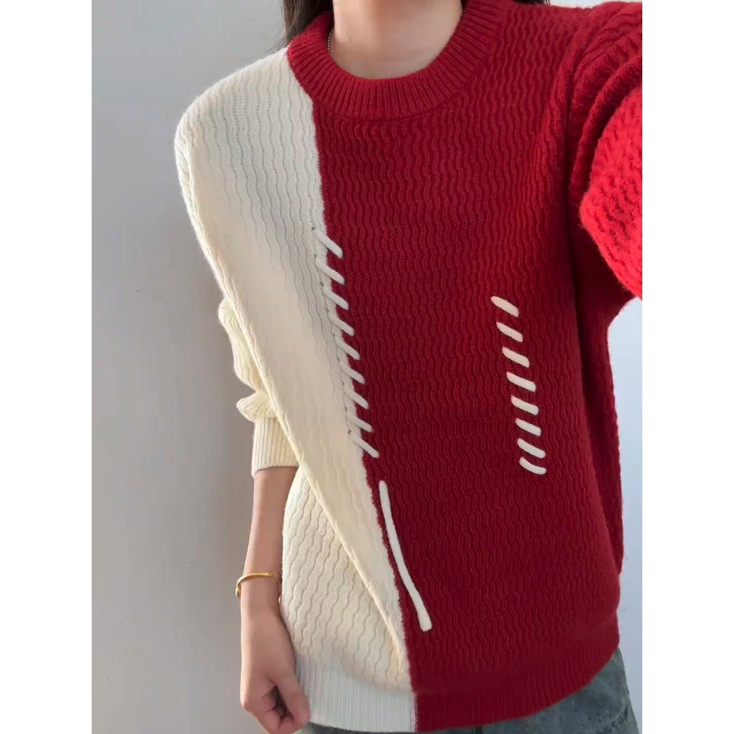 美式复古圆领宽松针织衫撞色毛衣男款秋冬季高级感时尚痞帅上衣男