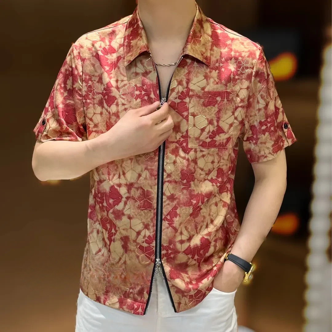 2025夏季新款修身男士休闲个性时尚潮流印花双拉链开衫短袖T恤