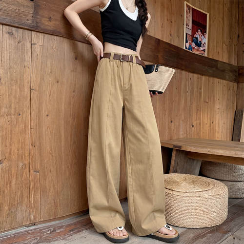 卡其色弯刀阔腿裤女2026夏季新款酷飒风小个子高腰垂感显瘦工装裤