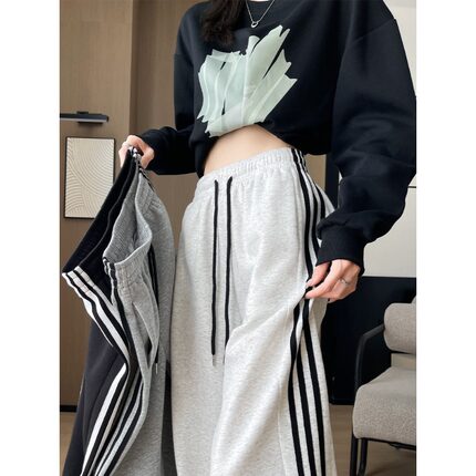 卫裤女春夏2026新款条纹运动阔腿裤小个子宽松休闲直筒裤