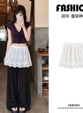 白色蕾丝屁帘女夏季新款花边叠穿高级蓬蓬半身裙a字牛仔裤短裙摆