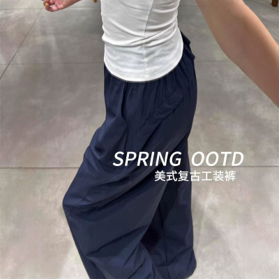 藏青美式速干工装裤女夏季2026新款休闲宽松显瘦直筒小个子阔腿裤