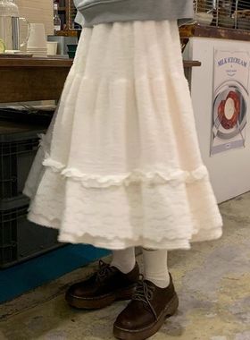 白色毛绒针织半身裙女秋冬季高腰a字长裙子超好看冬装蕾丝蛋糕裙