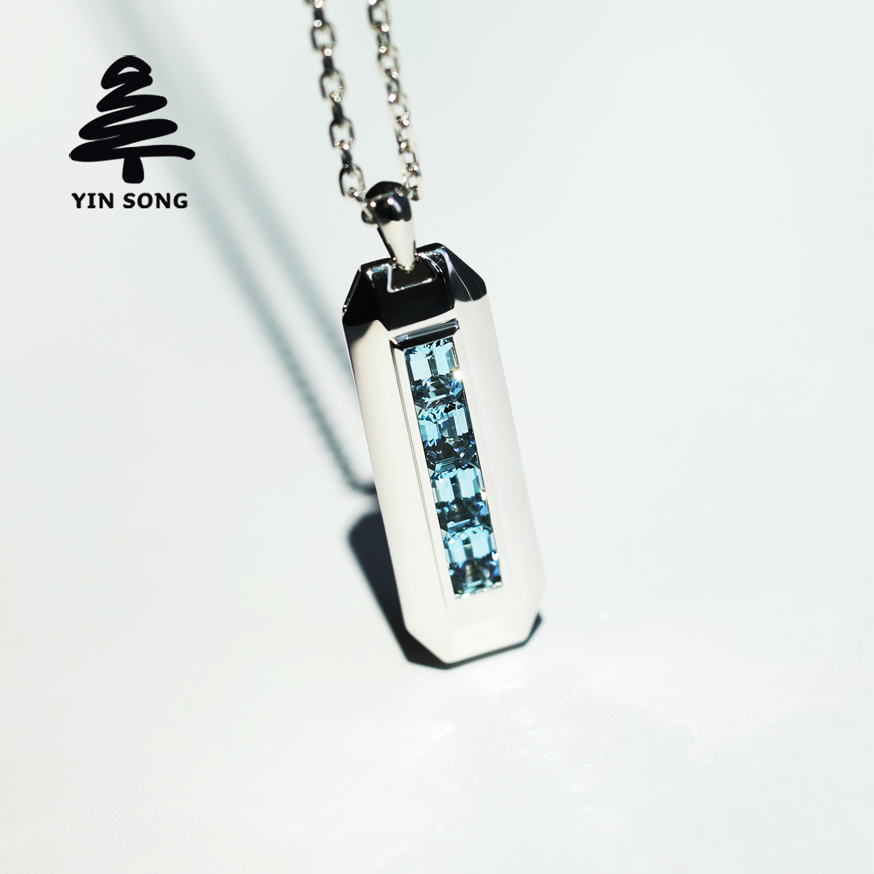 排镶天然海蓝宝男士项链 银松925银Pt950铂金男款彩宝吊坠