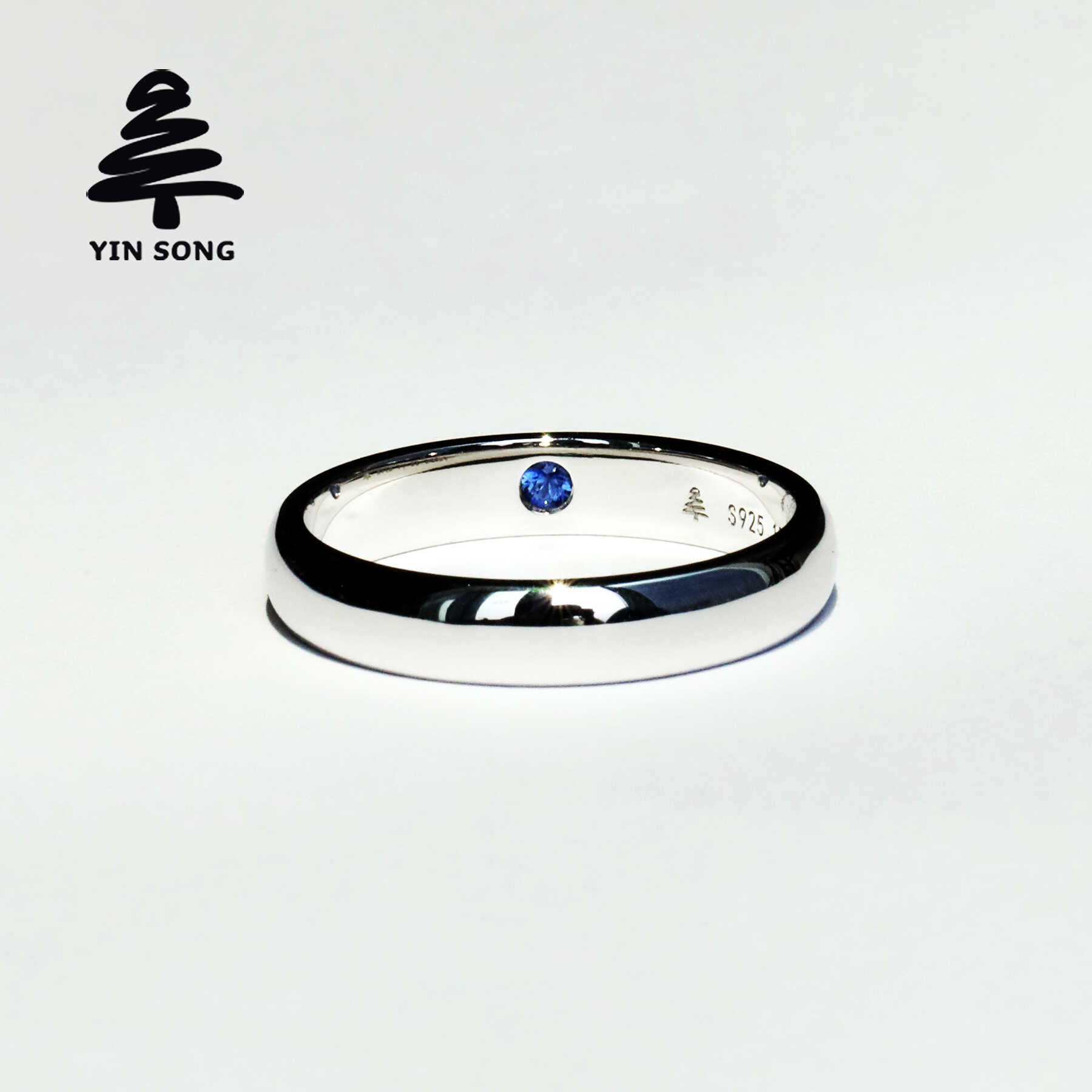 内镶蓝宝石戒指 银松925银天然蓝宝石男女情侣对戒 简约刻字