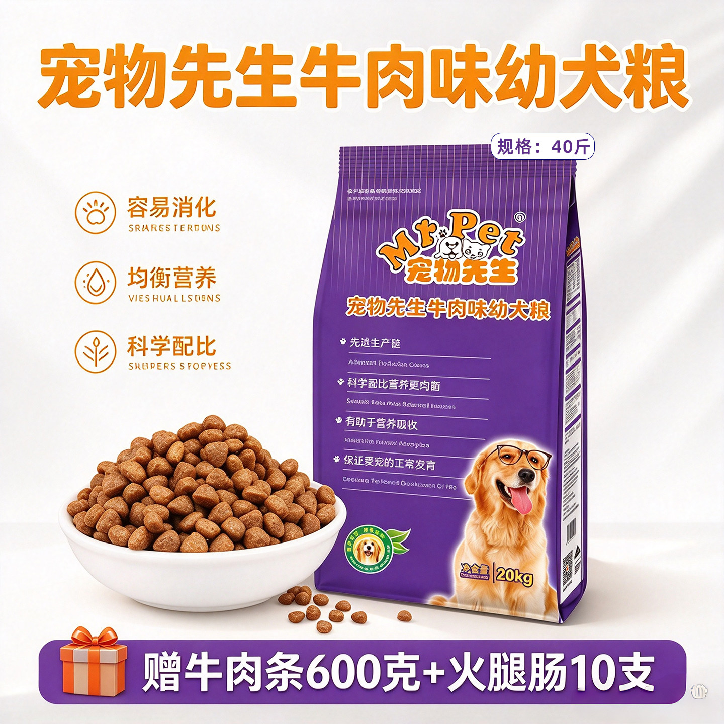 宠物先生狗粮牛肉味幼犬粮20KG德牧金毛萨摩泰迪边牧通用型40斤