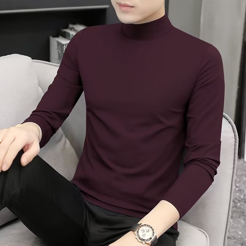 清仓莫代尔半高领长袖t恤男士春秋薄款修身内搭打底衫中领秋衣男