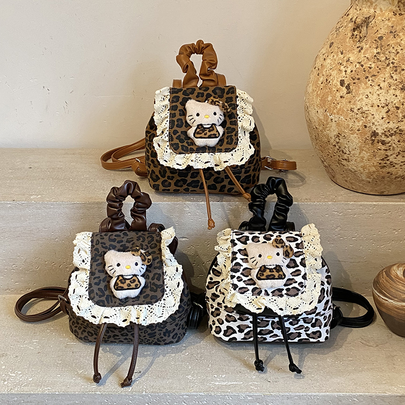 韩版ins复古豹纹撞色蕾丝抽带双肩包2025幼儿园儿童百搭洋气书包