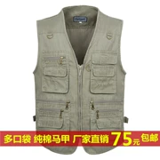 Áo vest câu cá ngoài trời mùa hè trung niên và tuổi già cotton nhiều túi mùa xuân và mùa thu vest nam trung niên - Dệt kim Vest