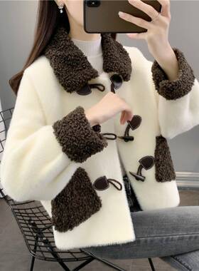 2025年秋冬新款水貂绒外套女短款宽松百搭牛角扣纯色加厚冬装上衣