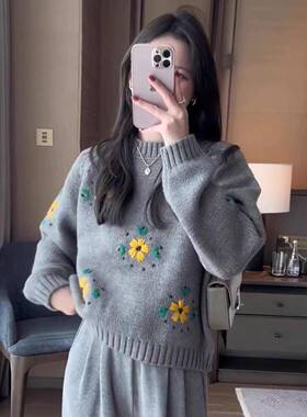 灰色高级感钩花针织衫上衣加厚打底内搭小个子爆款软糯秋冬毛衣女