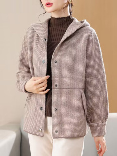 带帽开衫 遮肚上衣中老年春秋时尚 格子外套洋气中年女大码 妈妈春装