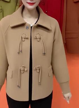 2025春秋妈妈新款双面毛呢外套短款时尚盘扣洋气开衫纯色上衣