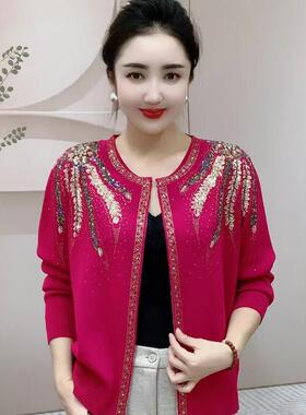 重工刺绣镶钻带花纹针织衫开衫女短款洋气妈妈装宽松显瘦打底上衣