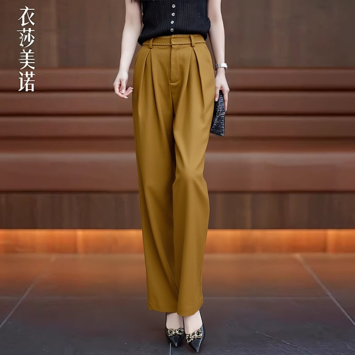 高腰春秋冬休闲裤女长裤西装裤直筒裤百搭黑色咖色Y121D6092