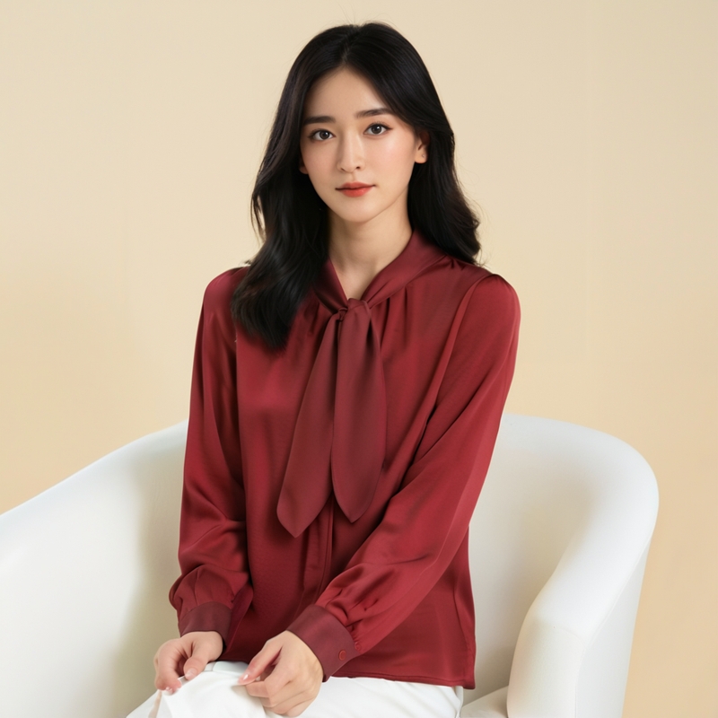 春秋系带长袖衬衫飘逸酒红色
