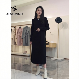 春秋纯羊毛长款 女上衣一线成衣针织连衣裙黑色Y462C7503 套头衫