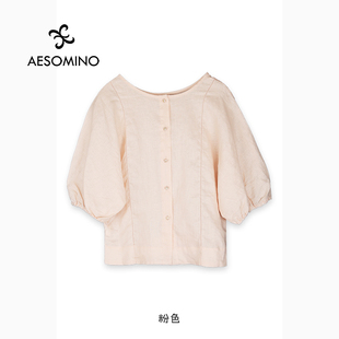 T恤Y684B6608 复古文艺短袖 新中式 亚麻上衣宽松休闲简约百搭女装