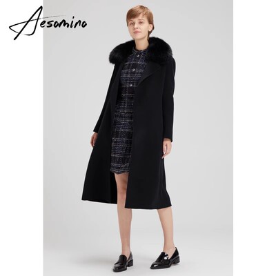 【特卖】冬羊毛双面呢大衣外套狐狸毛领黑色64083182中长款呢大衣