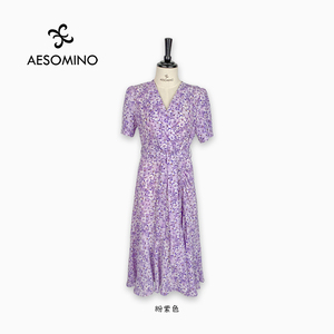 衣莎美诺夏短袖碎花连衣裙粉紫色Y565BQ017