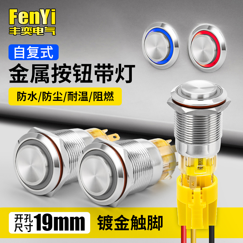 FY19B-H11F/E金属按钮开关高头凸头环形灯防水自复小型汽车19mm