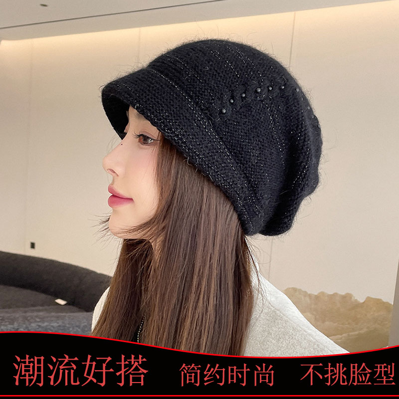 騎車保暖套頭帽簡(jiǎn)約兔毛針織堆堆帽麻花紋理珍珠毛線帽子韓版潮流