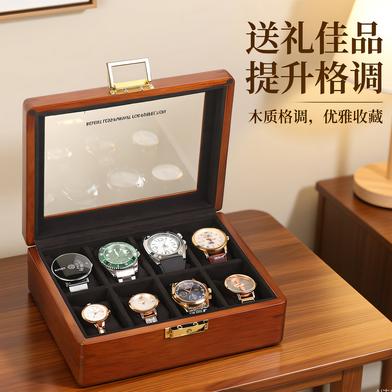俪丽实木手表收纳盒天窗可视化表盒手表收藏盒男友礼物手表盒带锁
