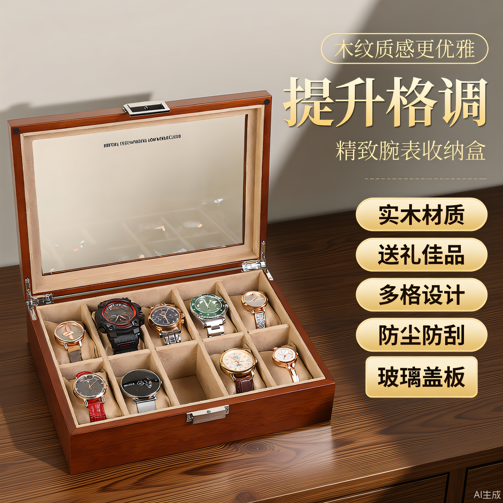 俪丽实木手表收纳盒多位多格防尘玻璃盖板腕表展示手表盒送礼佳品