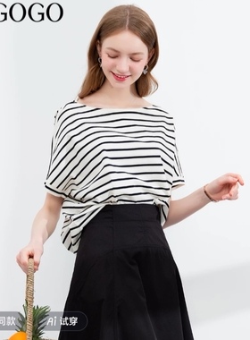 拉谷谷2025年夏季新款圆领短袖T恤女宽松休闲条纹百搭上衣