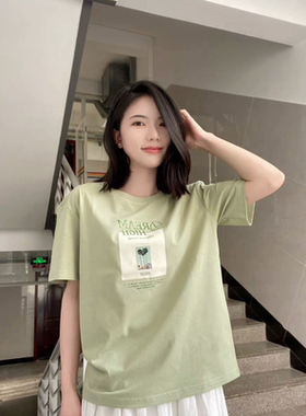 Lagogo拉谷谷简约圆领正肩纯棉印花T恤女2025年夏季新款绿色短袖