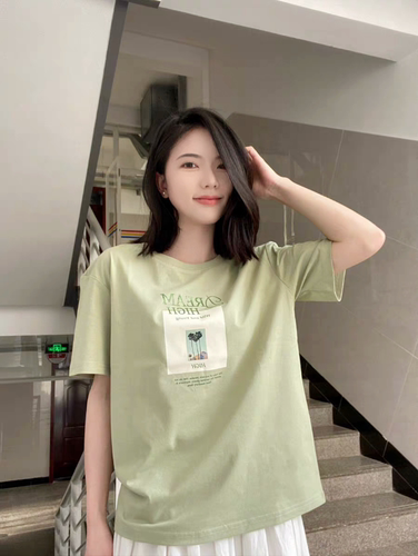 Lagogo拉谷谷简约圆领正肩纯棉印花T恤女2026年夏季新款绿色短袖