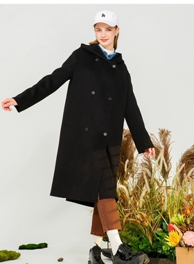 拉谷谷2025秋冬新款黑色绵羊毛双面呢连帽大衣女中长款外套