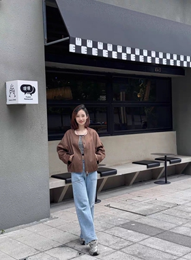 LAGOGO复古麂皮绒花苞外套女拉谷谷2025秋新款棕色琥珀流光风夹克