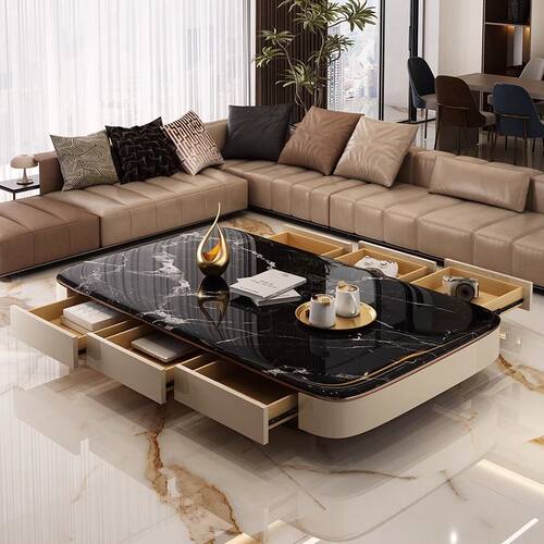现代茶几轻奢高级感微晶石创意设计师别墅平层大户型客厅加长茶几