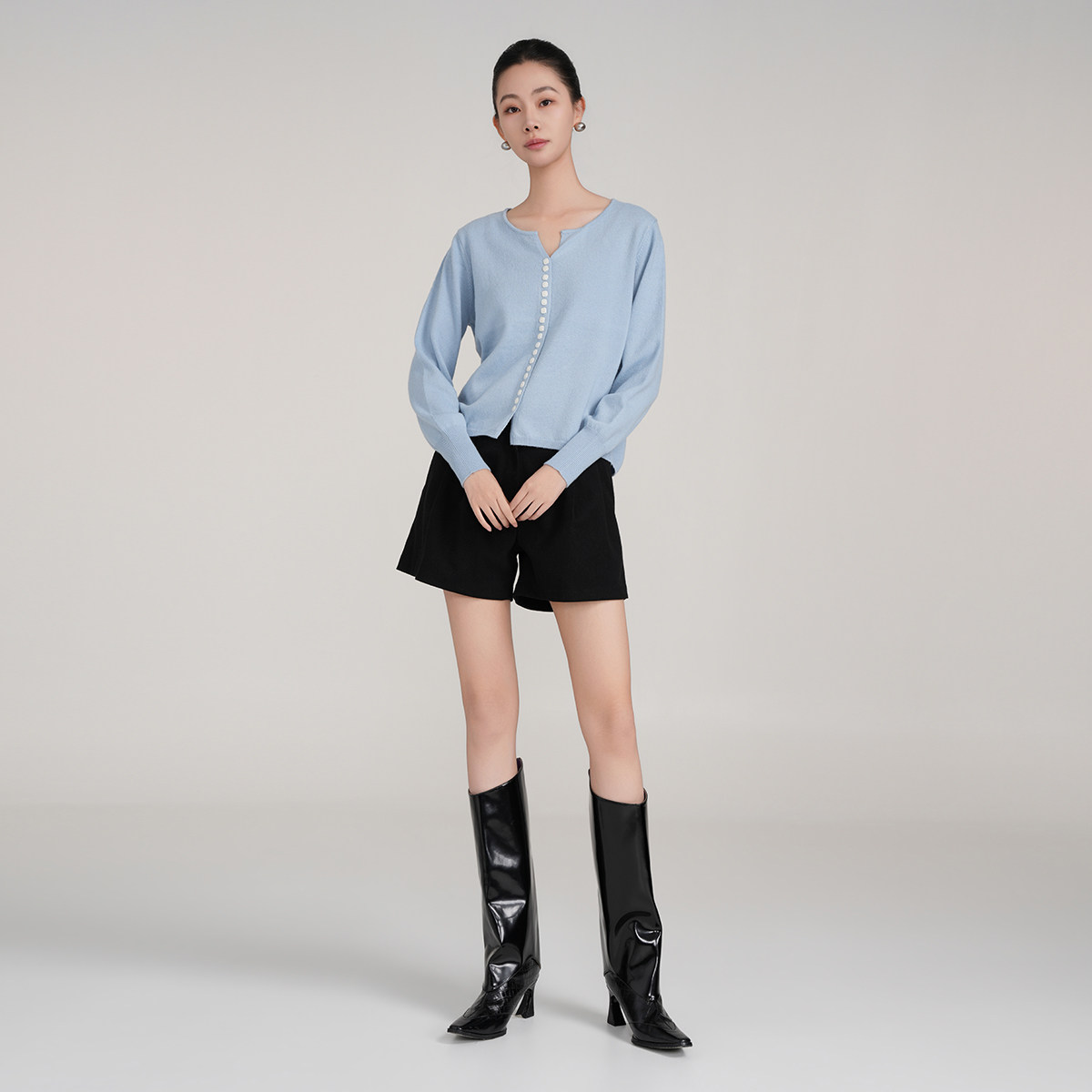 简约薄款蓝色V领长袖针织衫女羊毛开衫外套