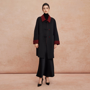 斯尔丽含羊绒双面双色轻国风H身形盘扣简洁大方OL通勤羊毛大衣