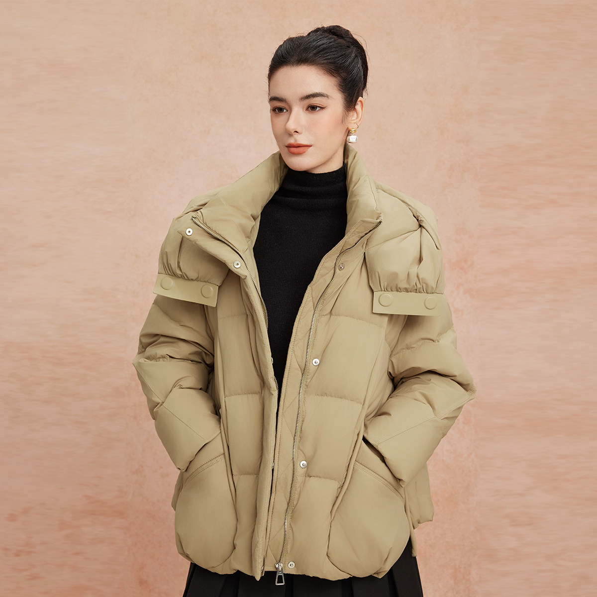 斯尔丽25新款冬季连帽一手长款休闲面包服宽松加厚90绒减龄羽绒服