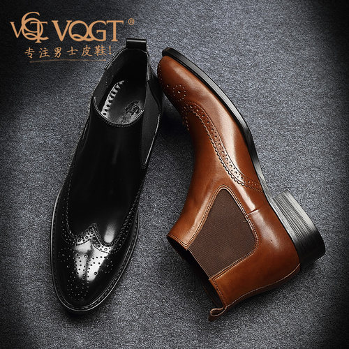 VQGT英伦男靴真皮布洛克雕花皮靴男马丁靴短靴切尔西靴男高帮皮鞋