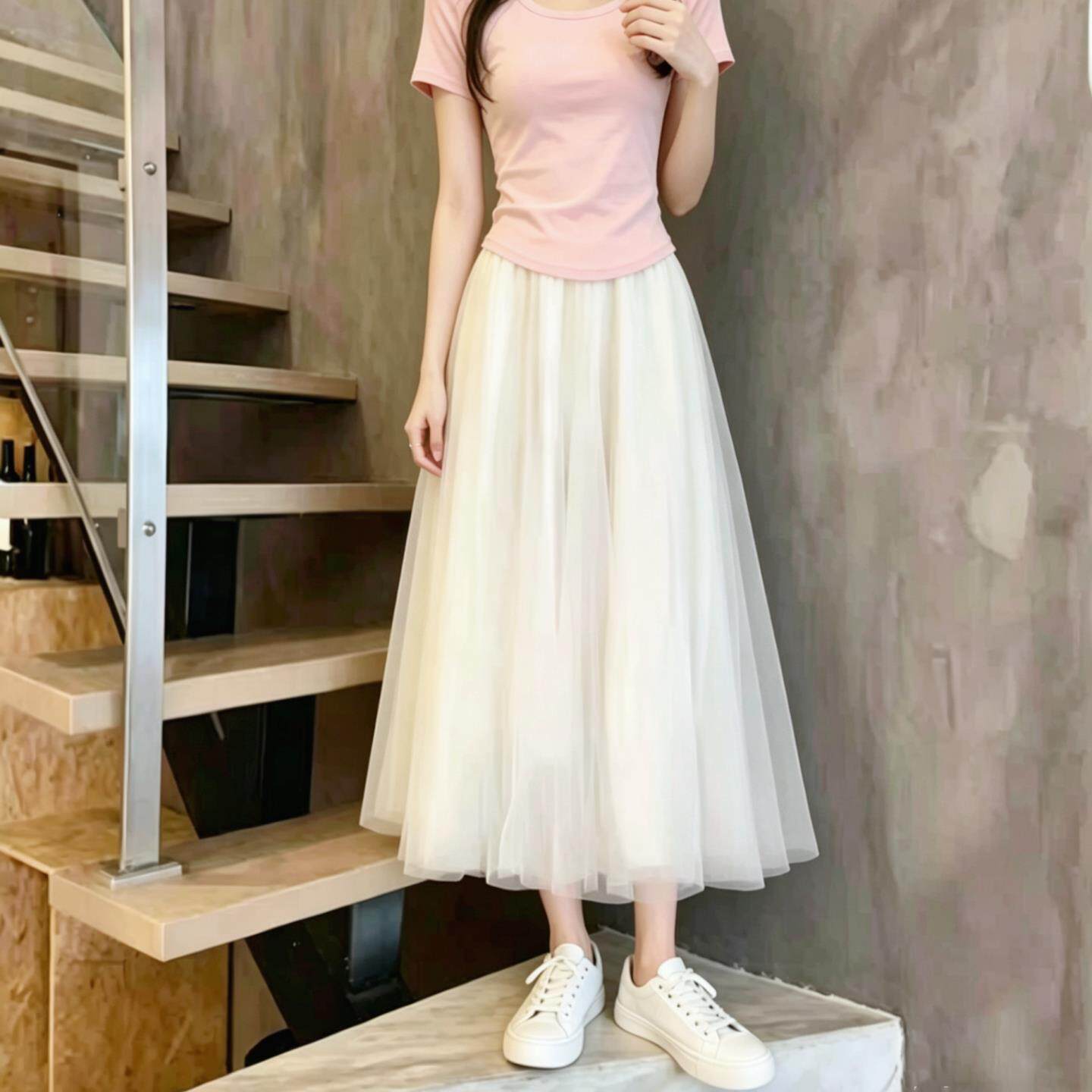 2026春夏新款半身裙子仙女绝美网纱蓬蓬裙中长A字芭蕾风白色纱裙