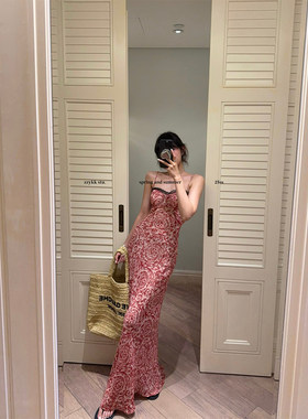 zzykk 微醺朗姆 原创蕾丝撞色碎花吊带长款连衣裙女夏修身显瘦
