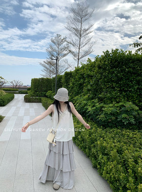 理理芋头 5米用料 松紧腰淡人苎麻中长款灰色百搭蛋糕半身裙女夏