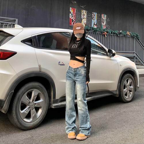 纯哥家美式覆古低腰直筒微喇牛仔裤女2025年春夏新款宽松显瘦裤子