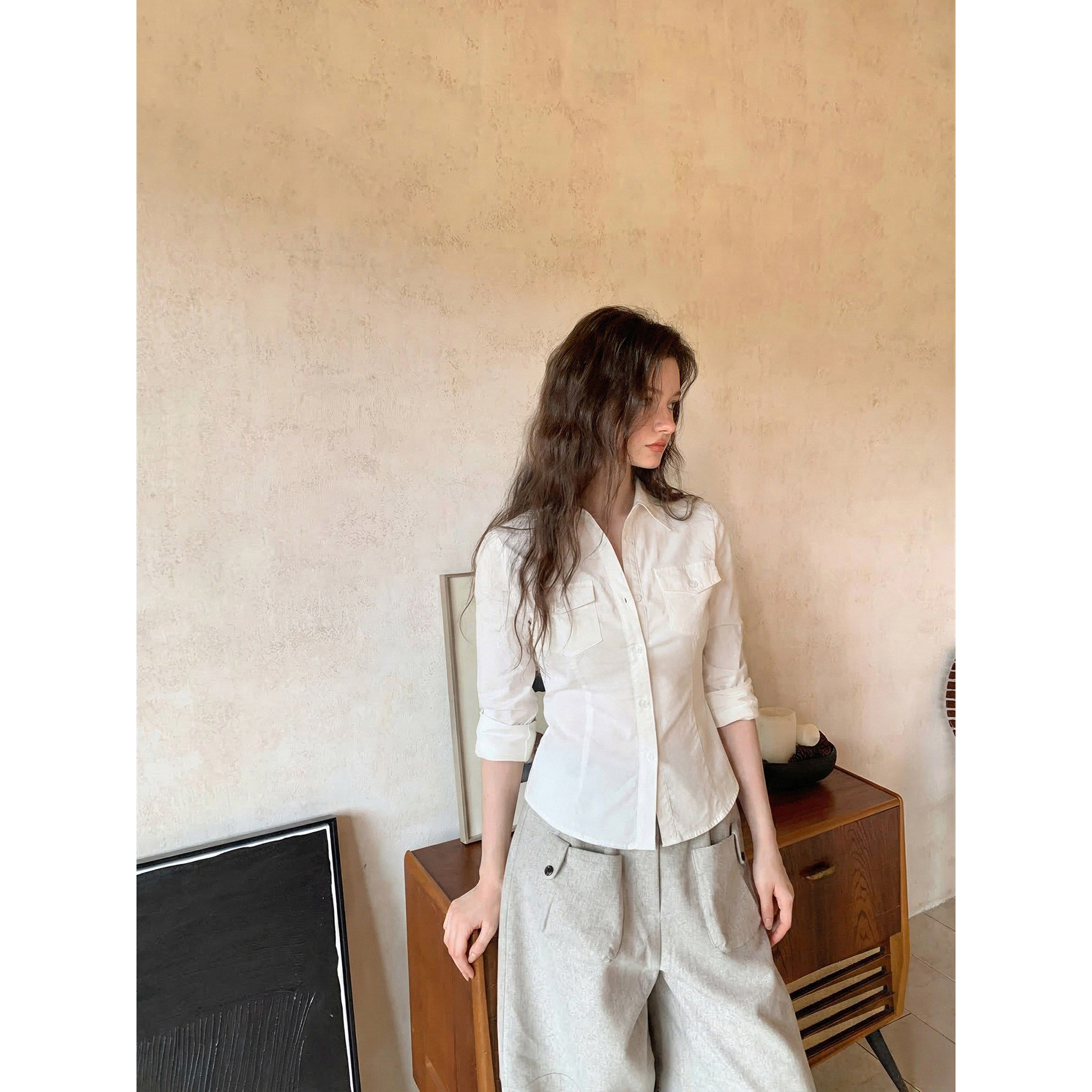 Creamsu叙白 白色v领衬衫女夏季高智感收腰衬衣休闲百搭修身上衣