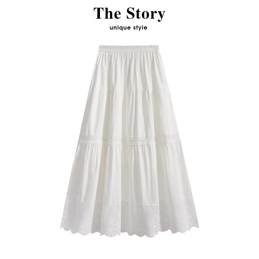 那些事衣橱蕾丝花边拼接白色半身裙女春仙女裙百褶裙垂感a字长裙