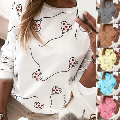 女式宽松圆领长袖印花T恤