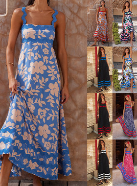 Fashion print long swing halter dress 长款吊带印花连衣裙女款