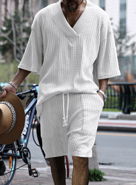Men's summer V-neck casual suit 男士纯色V领短袖短裤两件套