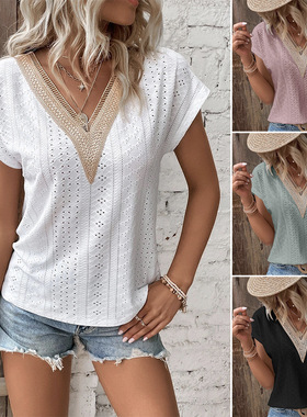 Fashion V-neck lace cutout short-sleeved T-shirt 镂空V领T恤